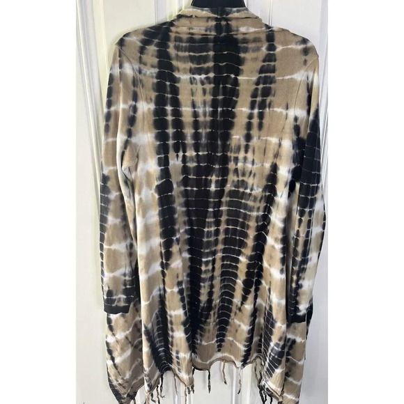 Soft Surroundings Tan Black Tie Die Fringe Drape Cardigan Jacket Size XS TALL - Picture 5 of 6